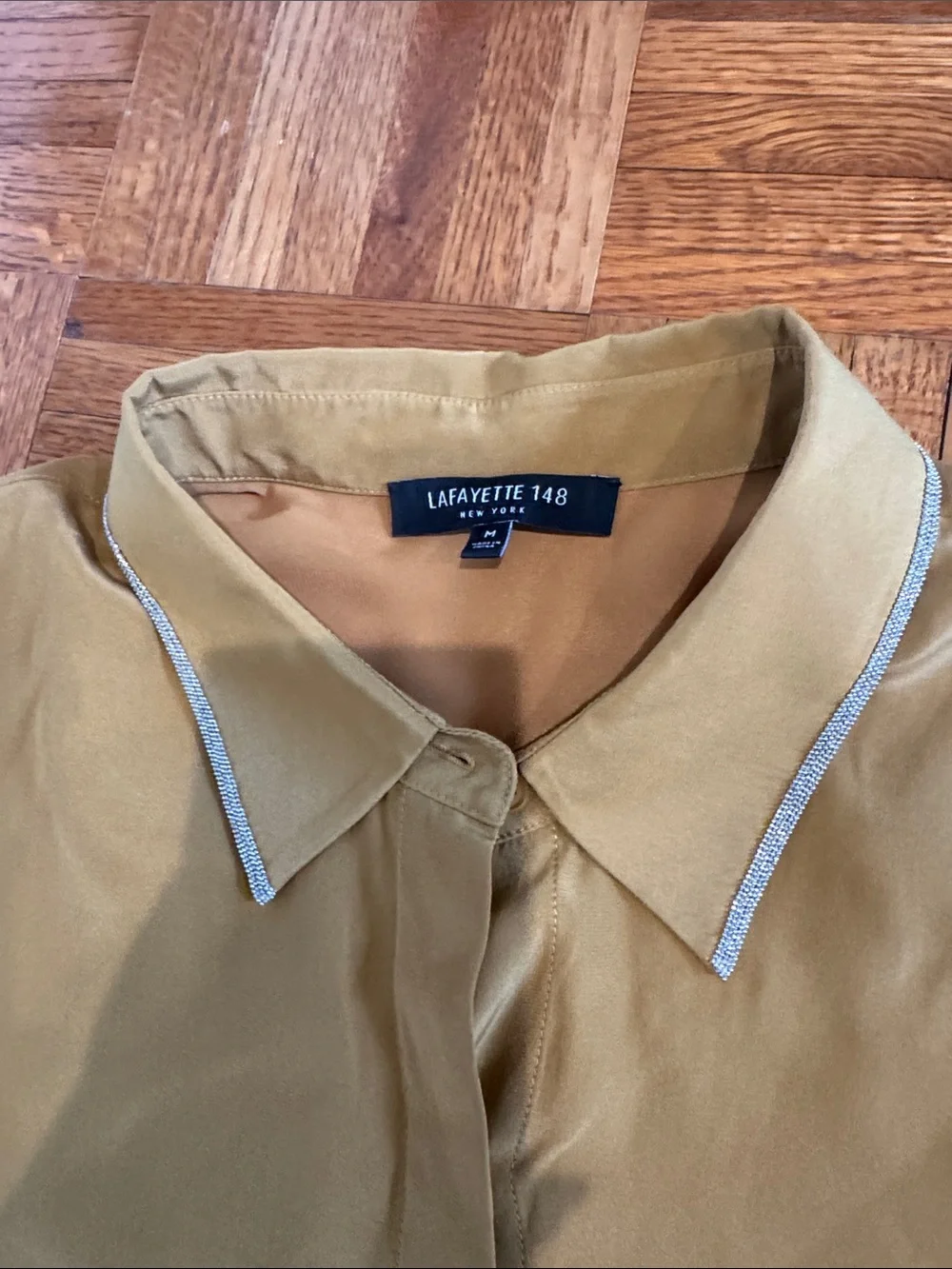 Lafayette 148 New York 100% silk Long-Sleeve Button-Up Shirt with Piping bedazzl - Picture 2 of 4